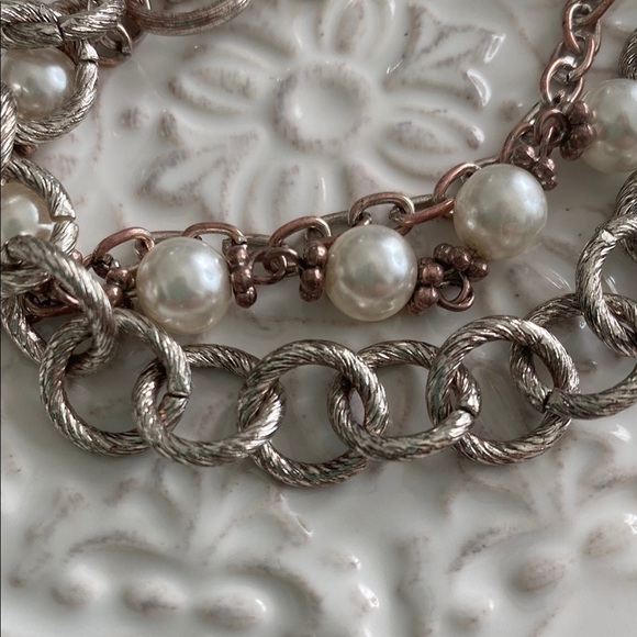 Pearl Silver Thick Chain Link Multi Strand Bracelet Bohemian Elegant Vintage - Picture 7 of 16